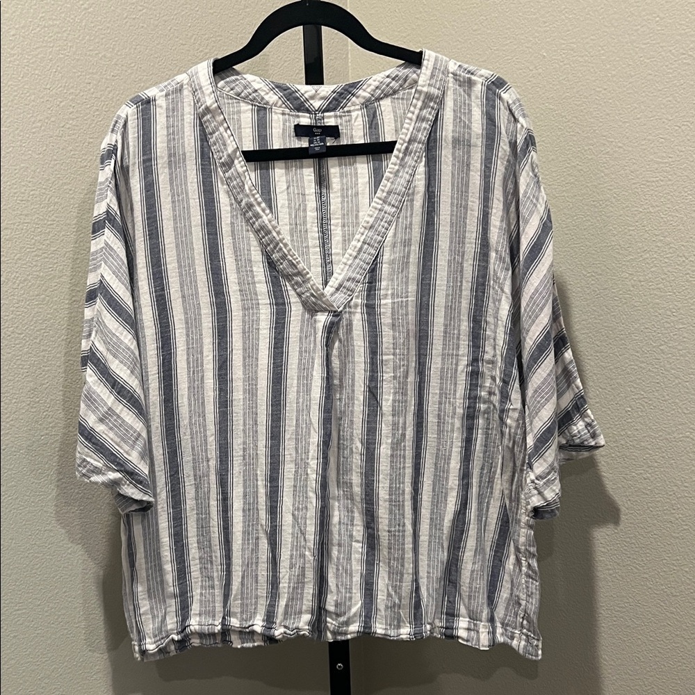 GAP Blue and White Striped V-Neck Blouse